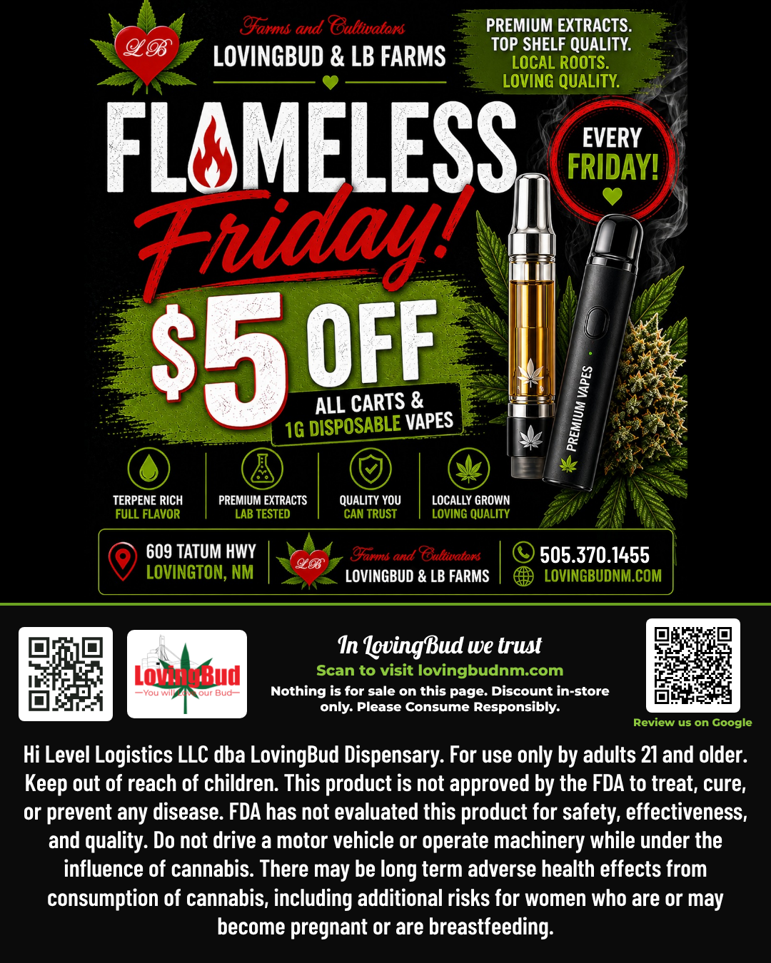 Flameless Friday at LovingBud, $5 off carts and 1g disposable vapes in store every Friday