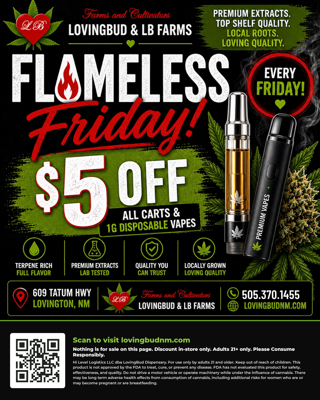 Flameless Friday at LovingBud, $5 off carts and 1g disposable vapes in store every Friday