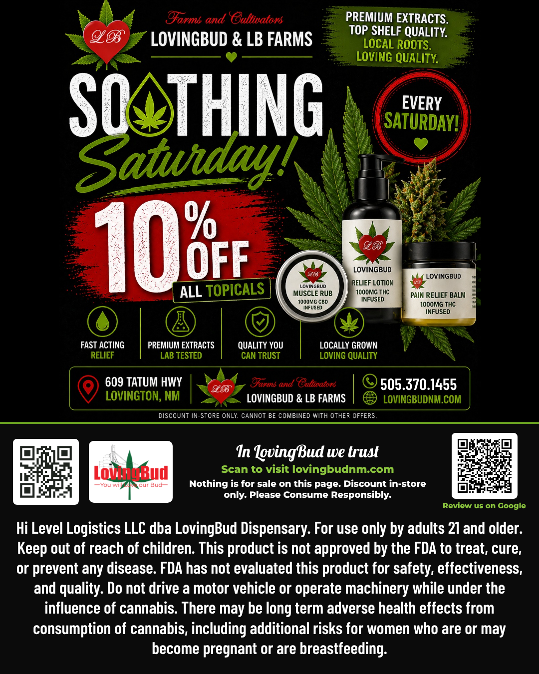 Soothing Saturday at LovingBud, 10% off all topicals in store every Saturday