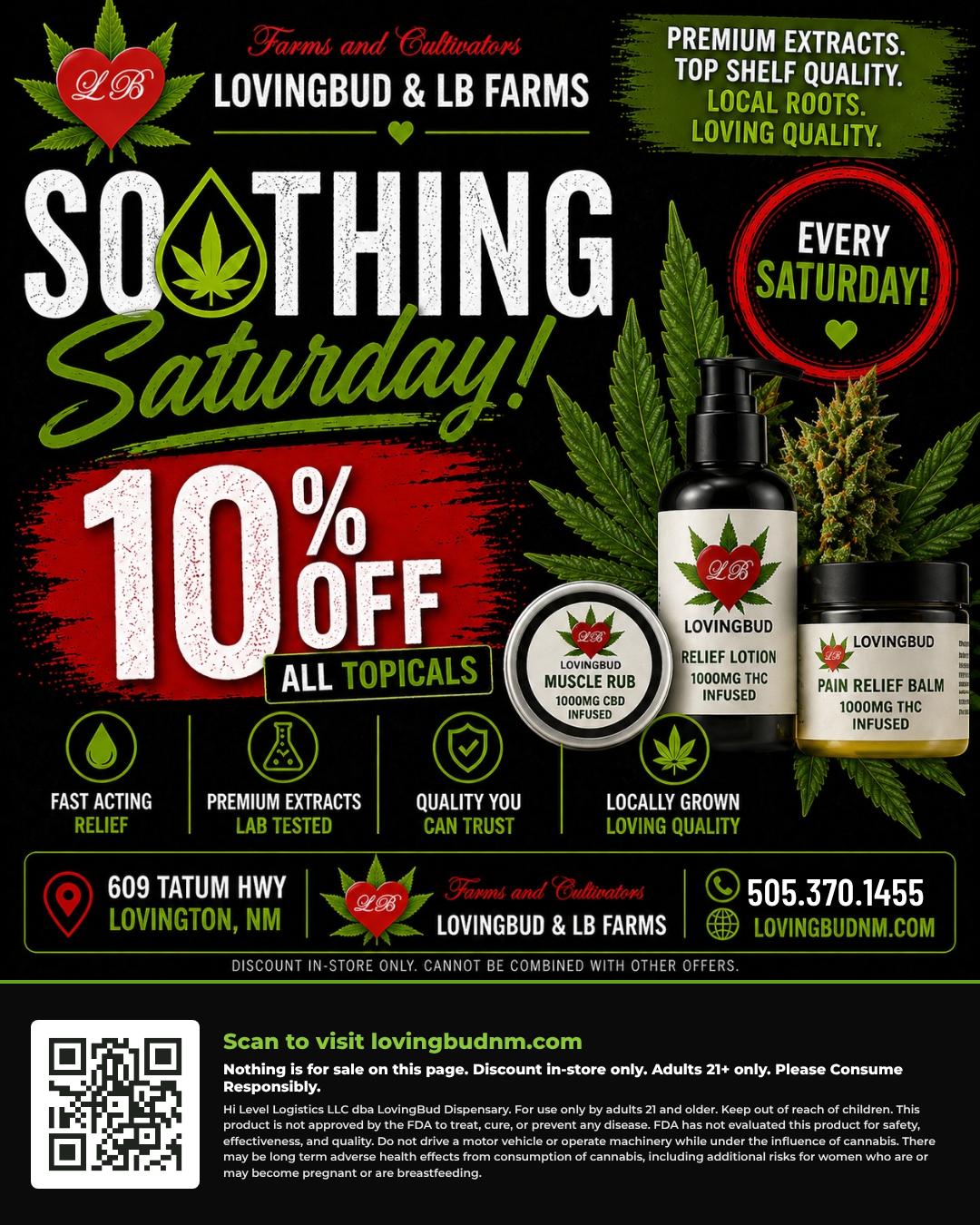 Soothing Saturday at LovingBud, 10% off all topicals in store every Saturday